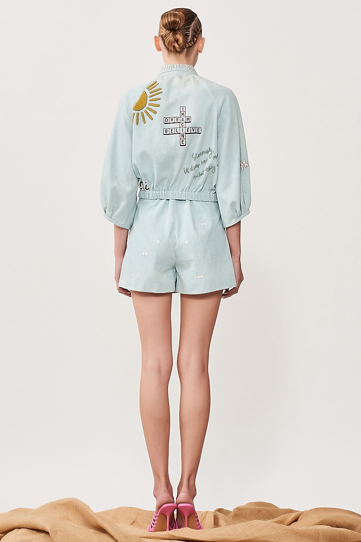 Sky Blue Thin Washed Denim Shorts by Shahin Mannan at Pernia's Pop Up Shop