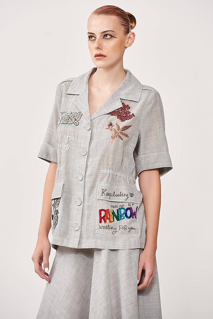 Melange Stone Grey Motifs Embroidered Jacket by Shahin Mannan at Pernia's Pop Up Shop