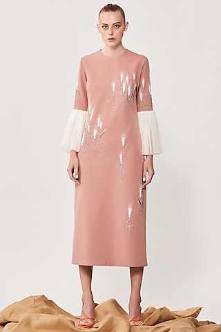 Old Rose Embroidered Midi Dress by Shahin Mannan