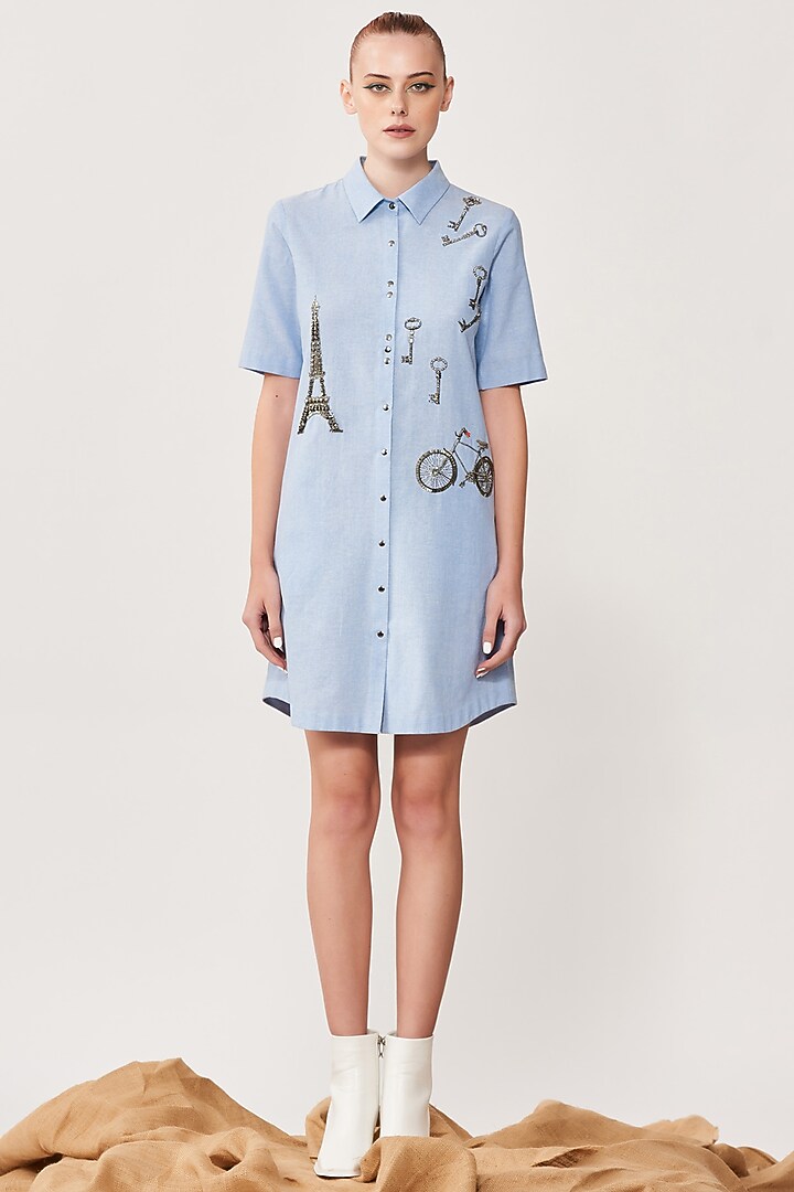 Light Blue Embroidered Vacation Shirt Dress by Shahin Mannan at Pernia's Pop Up Shop