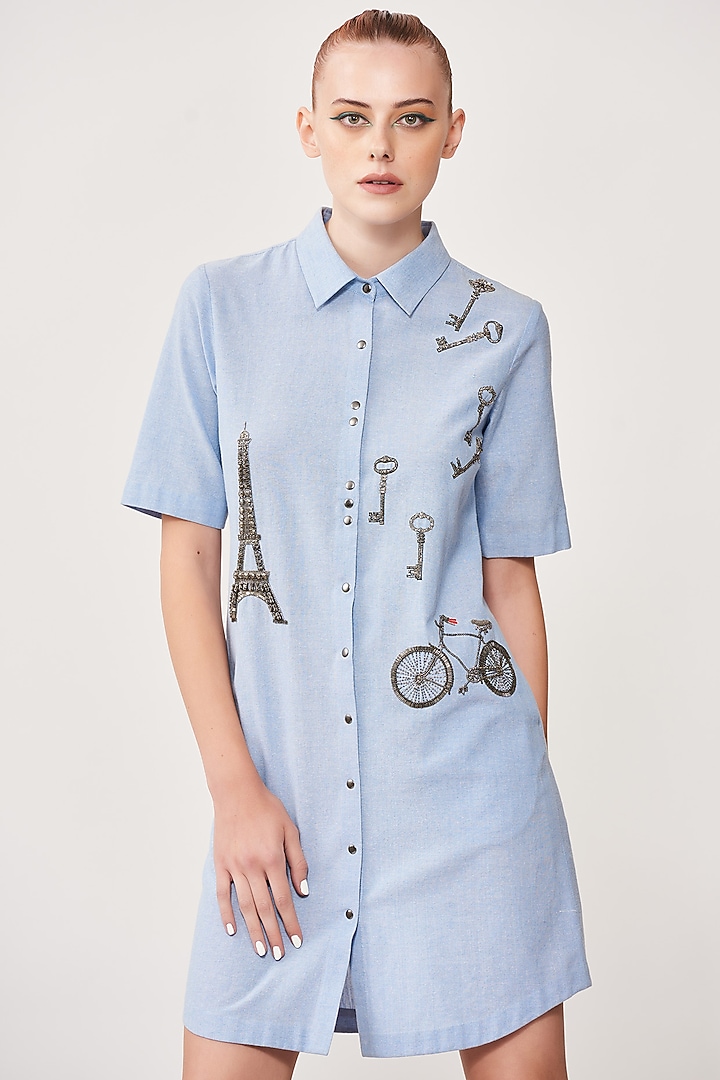 Light Blue Embroidered Vacation Shirt Dress by Shahin Mannan at Pernia's Pop Up Shop
