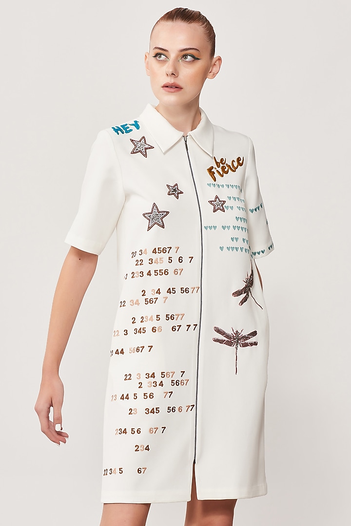 White Embroidered Shift Dress by Shahin Mannan at Pernia's Pop Up Shop 2026