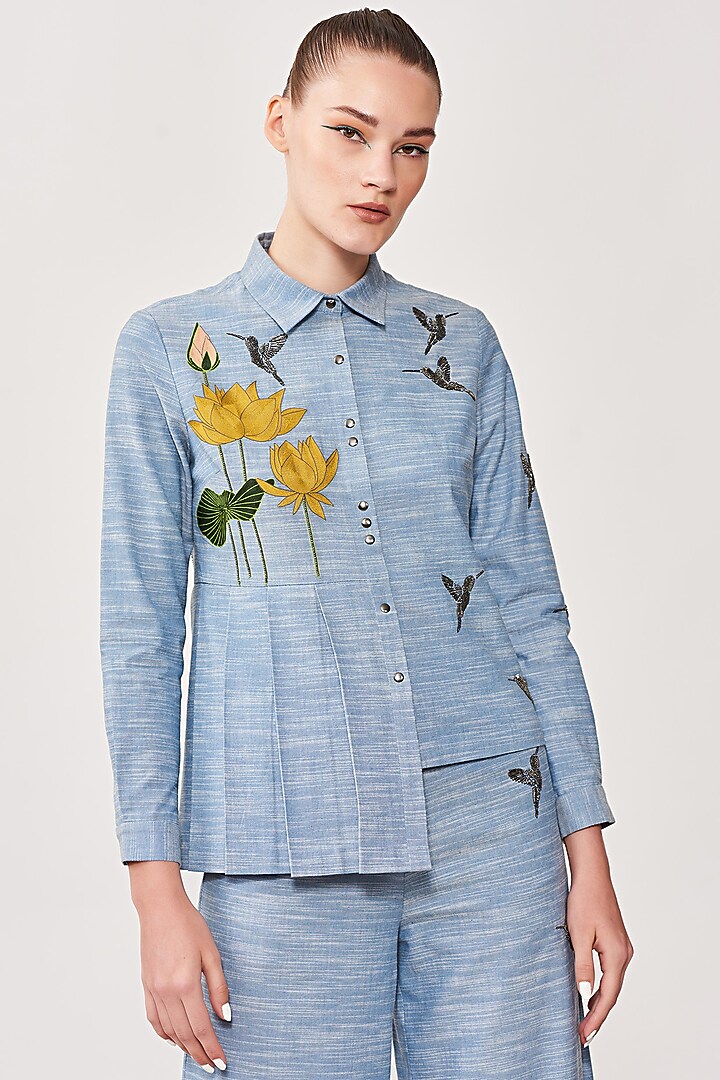 Mountain Blue Chambray Pant Set by Shahin Mannan at Pernia's Pop Up Shop