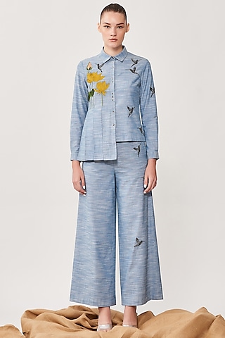 Mountain Blue Embroidered Shirt by Shahin Mannan