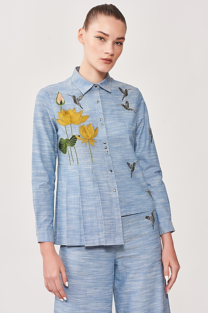 Mountain Blue Embroidered Shirt by Shahin Mannan at Pernia's Pop Up Shop