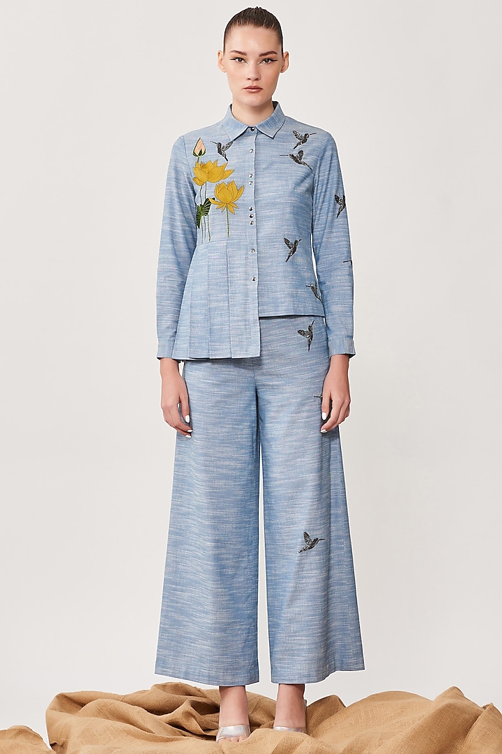 Mountain Blue Embroidered Pants by Shahin Mannan