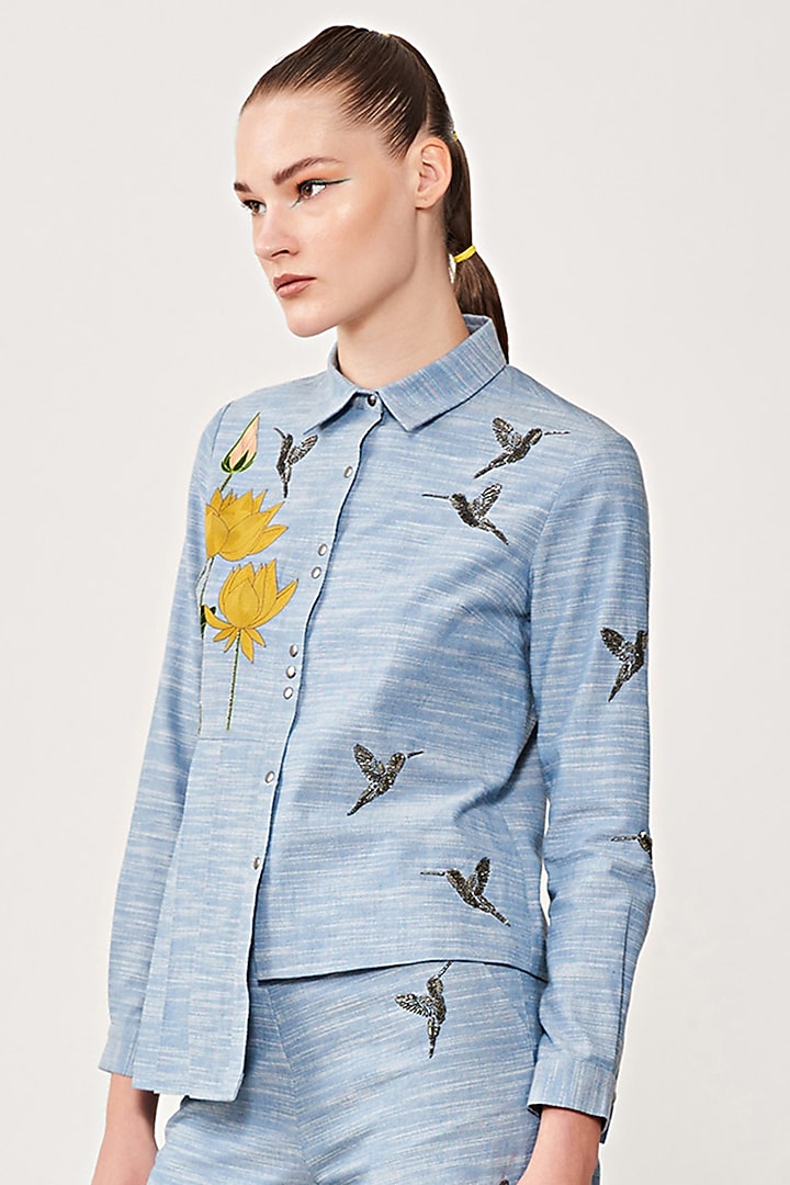 Mountain Blue Embroidered Pants by Shahin Mannan at Pernia's Pop Up Shop