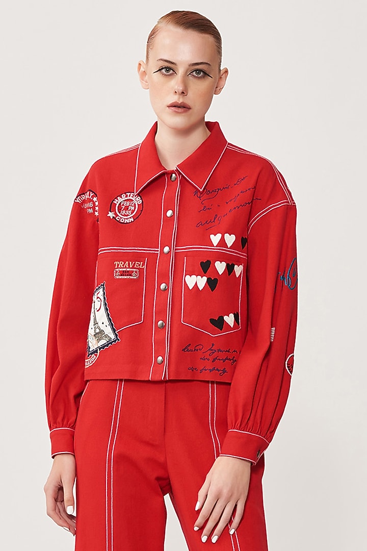 Chilli Red Embroidered Jacket by Shahin Mannan at Pernia's Pop Up Shop