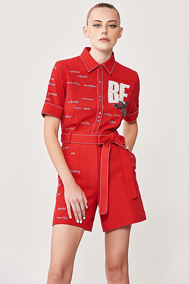 Chilli Red Embroidered Playsuit by Shahin Mannan at Pernia's Pop Up Shop