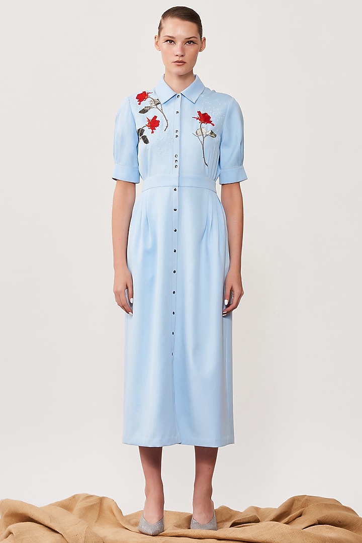 Light Blue Embroidered Midi Cocktail Dress by Shahin Mannan at Pernia's Pop Up Shop