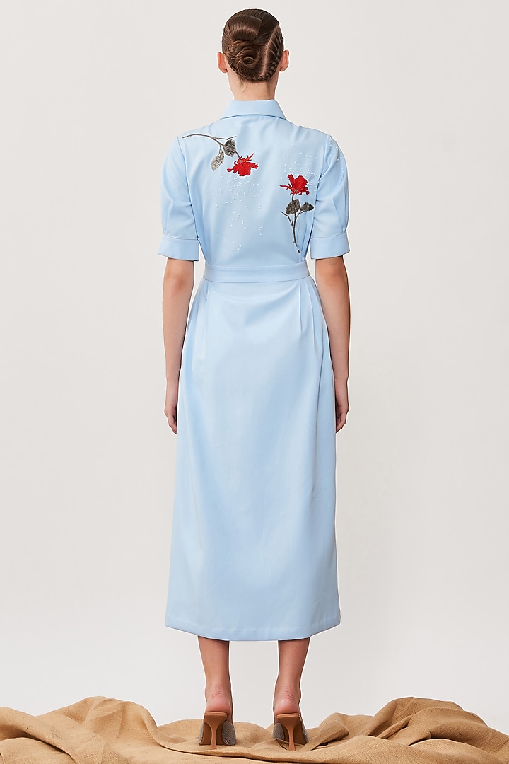 Light Blue Embroidered Midi Cocktail Dress by Shahin Mannan at Pernia's Pop Up Shop