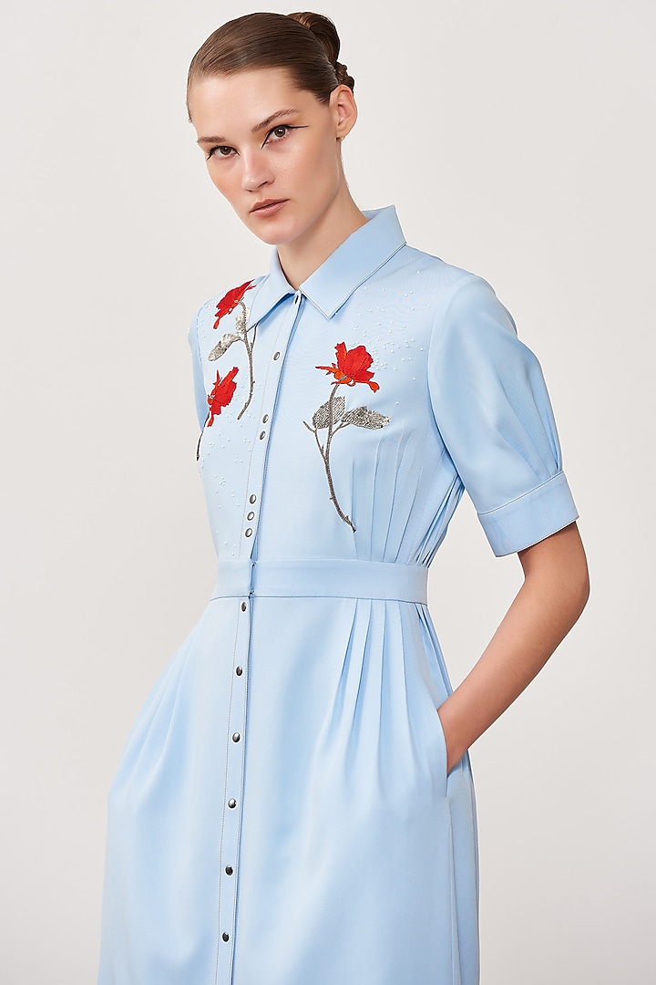 Light Blue Embroidered Midi Cocktail Dress by Shahin Mannan at Pernia's Pop Up Shop