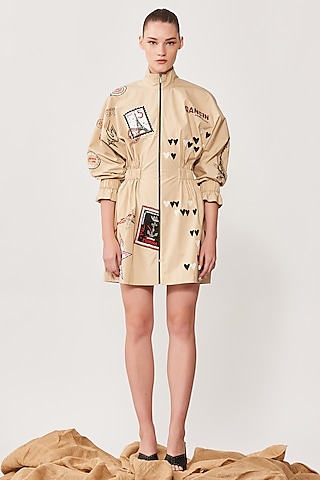 Mocha Embroidered Jacket Dress by Shahin Mannan