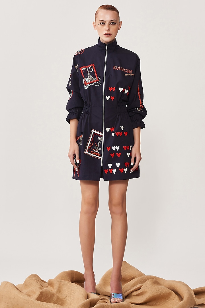 Navy Embroidered Jacket Dress by Shahin Mannan