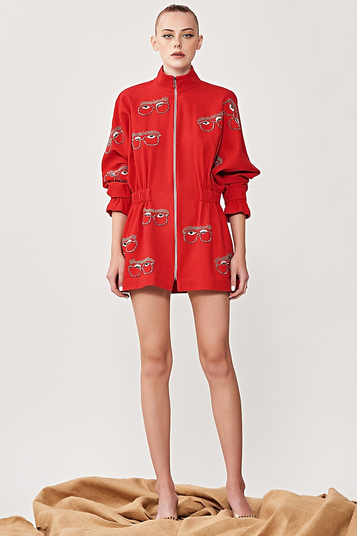 Chilli Red Embroidered Jacket Dress by Shahin Mannan