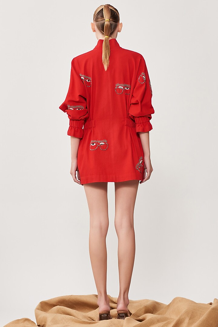 Chilli Red Embroidered Jacket Cocktail Dress by Shahin Mannan at Pernia's Pop Up Shop