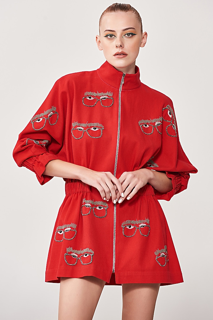 Chilli Red Embroidered Jacket Cocktail Dress by Shahin Mannan at Pernia's Pop Up Shop