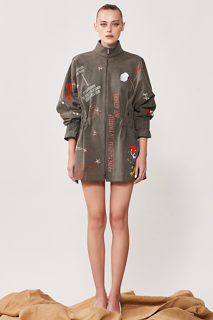 Lead Grey Embroidered Jacket Dress by Shahin Mannan