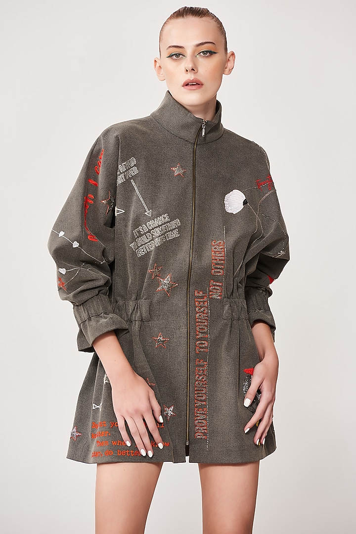 Lead Grey Embroidered Jacket Cocktail Dress by Shahin Mannan at Pernia's Pop Up Shop