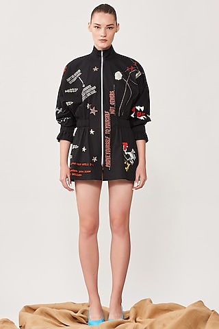 Black Embroidered Jacket Dress by Shahin Mannan