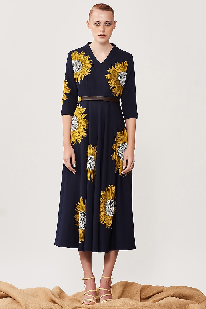 Navy Embroidered Midi Cocktail Dress by Shahin Mannan at Pernia's Pop Up Shop