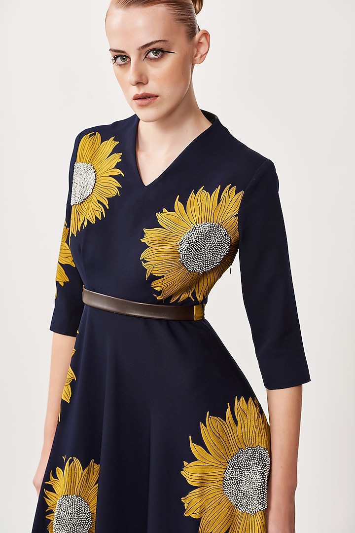 Navy Embroidered Midi Cocktail Dress by Shahin Mannan at Pernia's Pop Up Shop