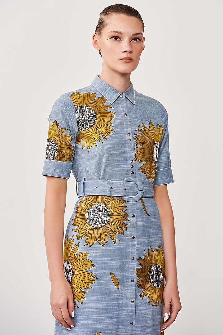 Mountain Blue Embroidered Cocktail Shirt Dress by Shahin Mannan at Pernia's Pop Up Shop