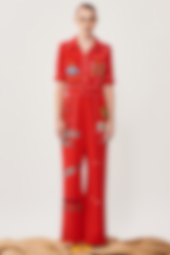Red Embroidered Jumpsuit by Shahin Mannan