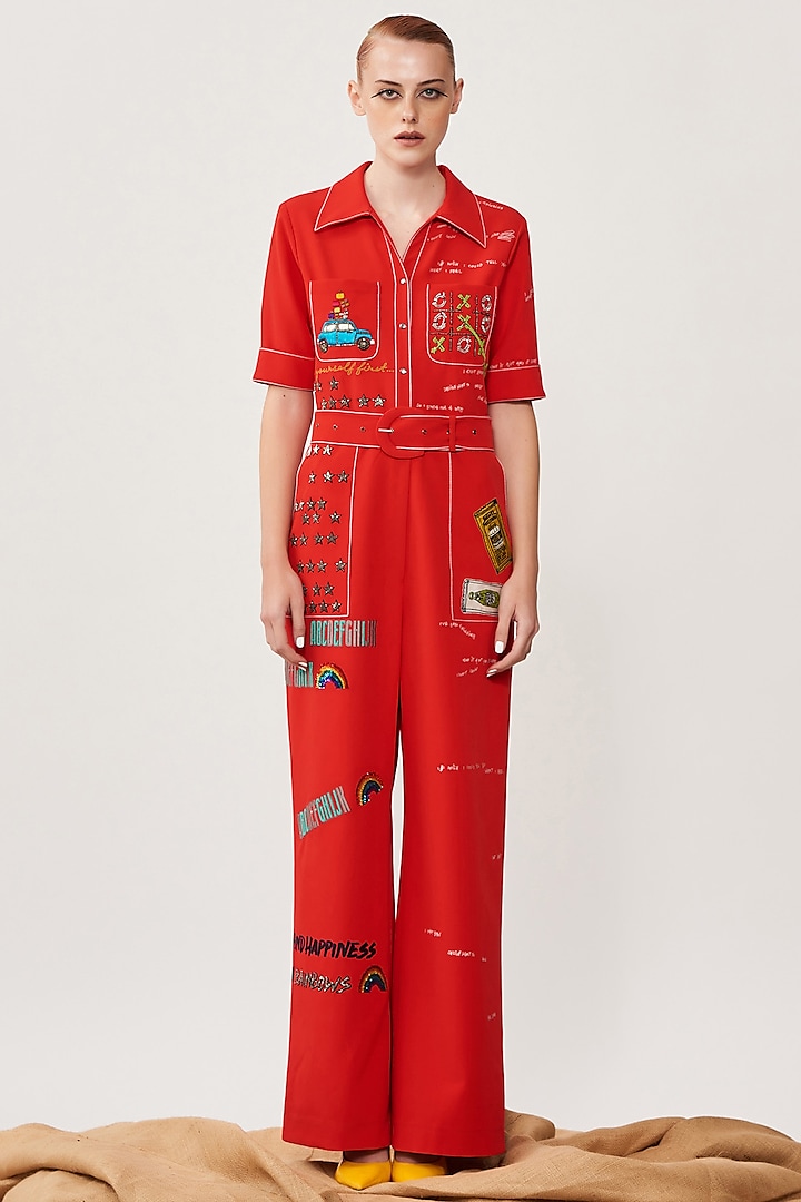 Red Embroidered Jumpsuit by Shahin Mannan