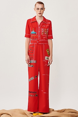 Red Embroidered Jumpsuit by Shahin Mannan