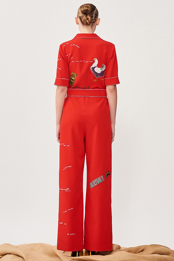 Red Embroidered Jumpsuit by Shahin Mannan at Pernia's Pop Up Shop