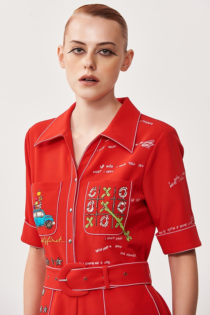 Red Embroidered Jumpsuit by Shahin Mannan at Pernia's Pop Up Shop
