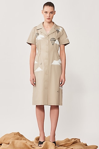Beige Poplin Motif Embroidered Coat Dress by Shahin Mannan