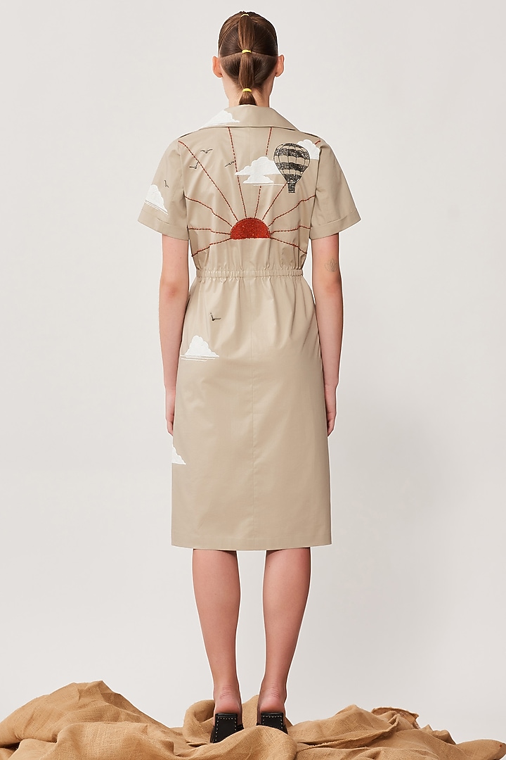 Beige Poplin Motif Embroidered Coat Vacation Dress by Shahin Mannan at Pernia's Pop Up Shop