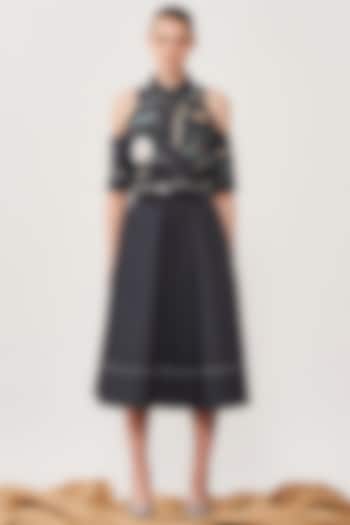 Midnight Black Denim Skirt Set by Shahin Mannan