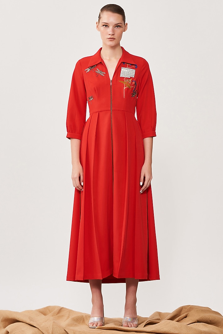 Red Double Crepe Pleated Cocktail Dress by Shahin Mannan at Pernia's Pop Up Shop