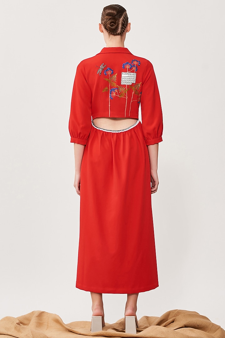 Red Double Crepe Pleated Cocktail Dress by Shahin Mannan at Pernia's Pop Up Shop