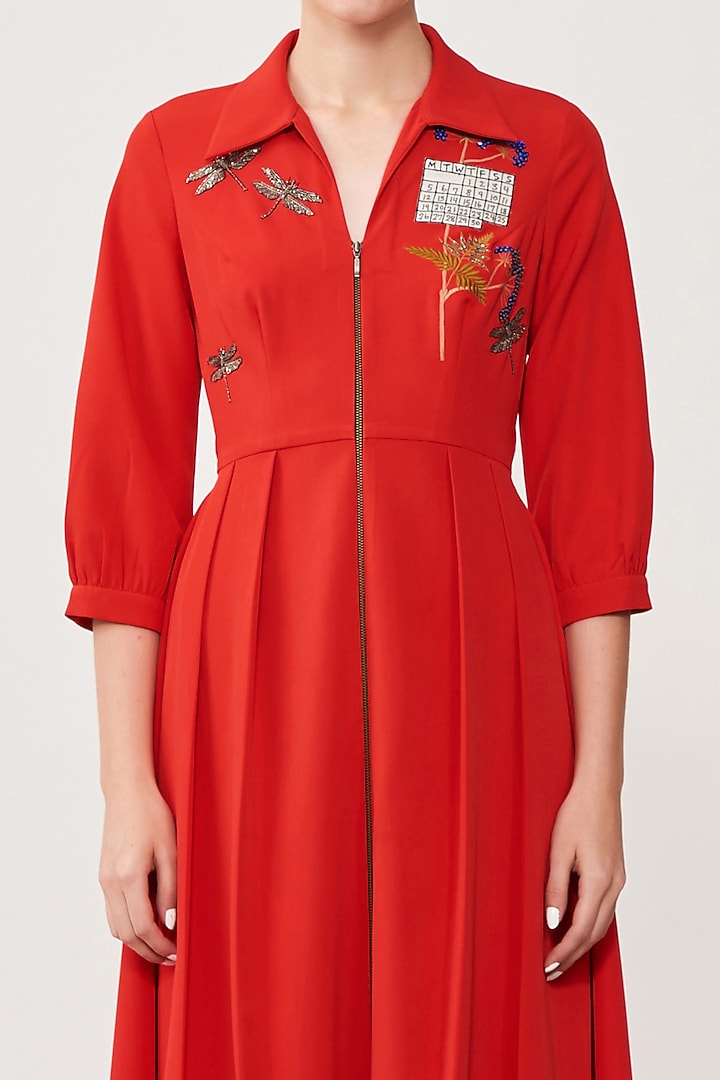 Red Double Crepe Pleated Cocktail Dress by Shahin Mannan at Pernia's Pop Up Shop