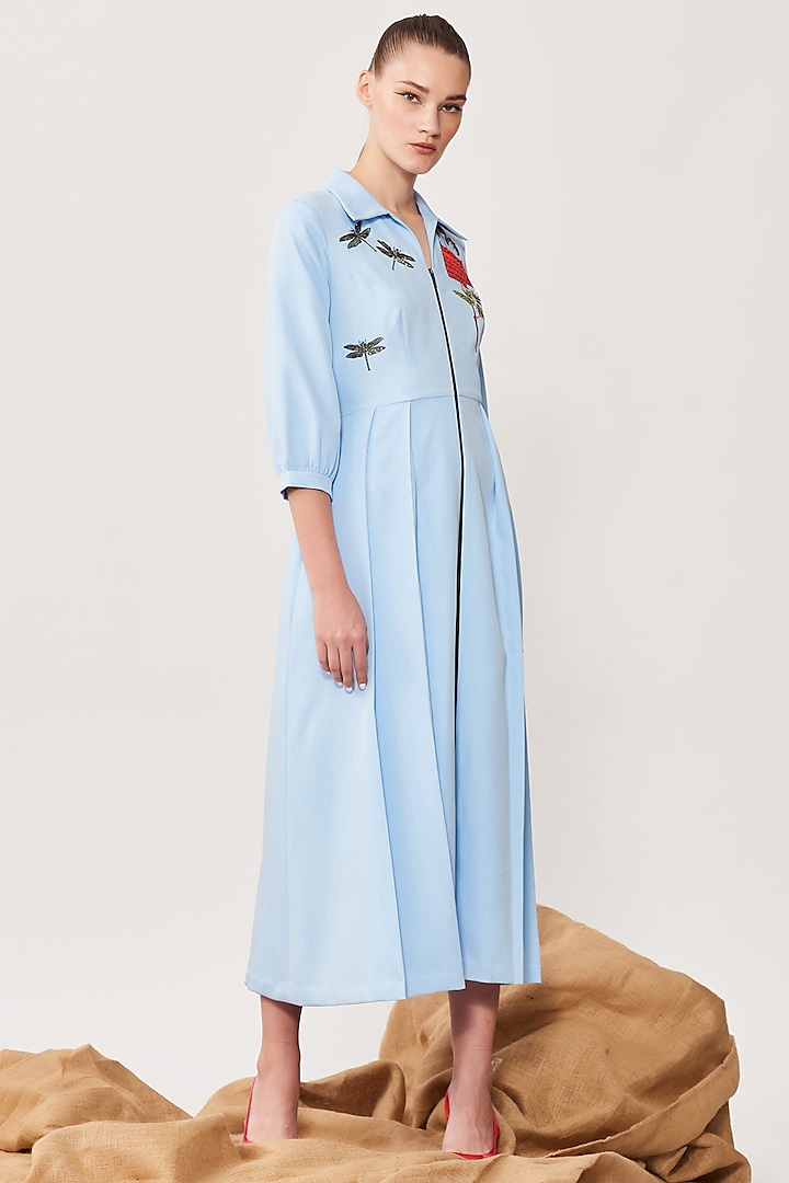 Light Blue Double Crepe Pleated Dress by Shahin Mannan at Pernia's Pop Up Shop