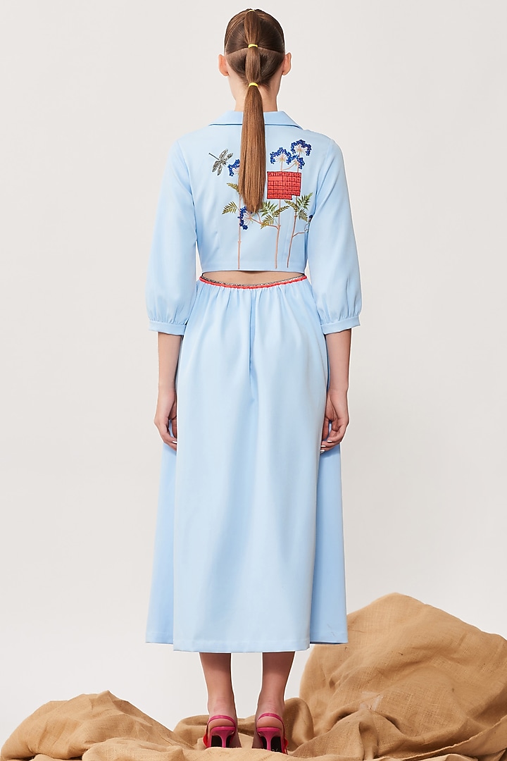 Light Blue Double Crepe Pleated Cocktail Dress by Shahin Mannan at Pernia's Pop Up Shop