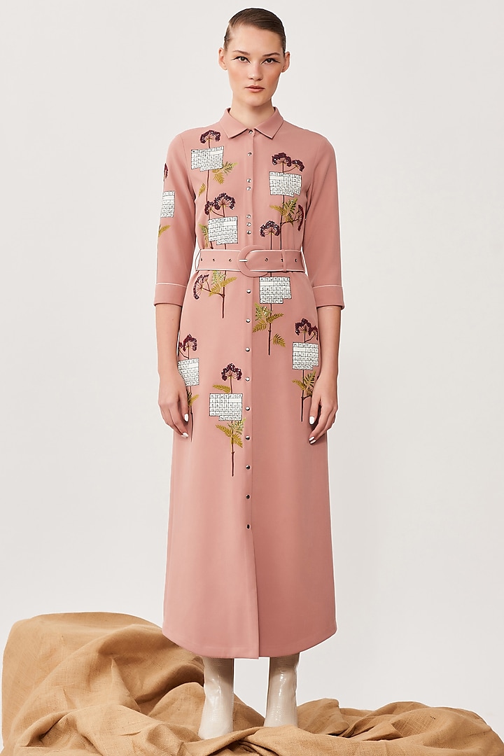Old Rose Double Crepe Shirt Dress by Shahin Mannan