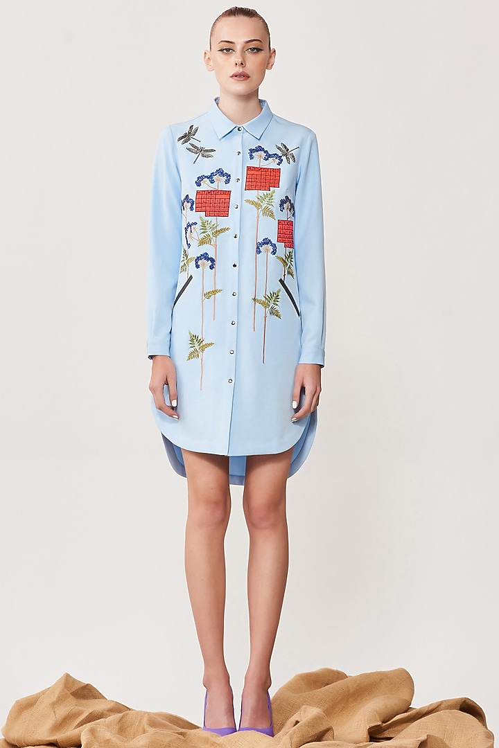 Light Blue Double Crepe Embroidered High-Low Shirt Vacation Dress by Shahin Mannan at Pernia's Pop Up Shop