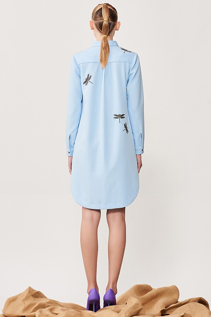 Light Blue Double Crepe Embroidered High-Low Shirt Vacation Dress by Shahin Mannan at Pernia's Pop Up Shop