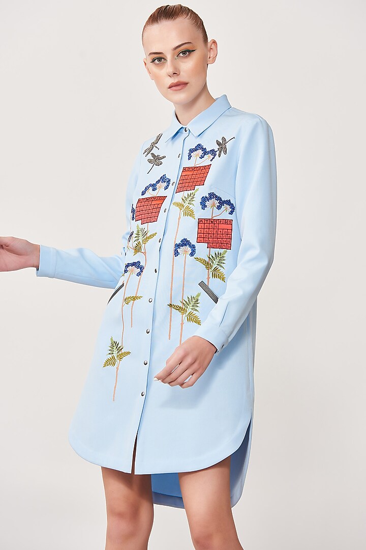 Light Blue Double Crepe Embroidered High-Low Shirt Vacation Dress by Shahin Mannan at Pernia's Pop Up Shop