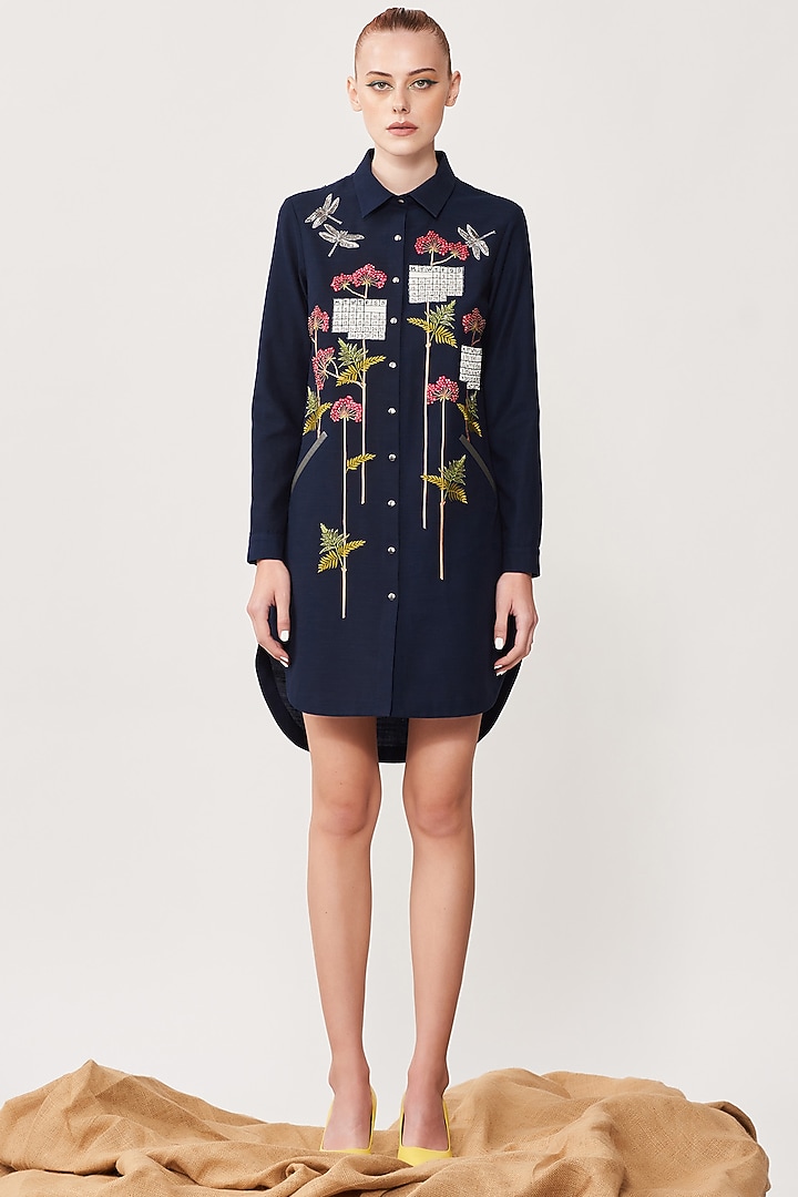 Navy Blue Slub Embroidered High-Low Shirt Vacation Dress by Shahin Mannan at Pernia's Pop Up Shop