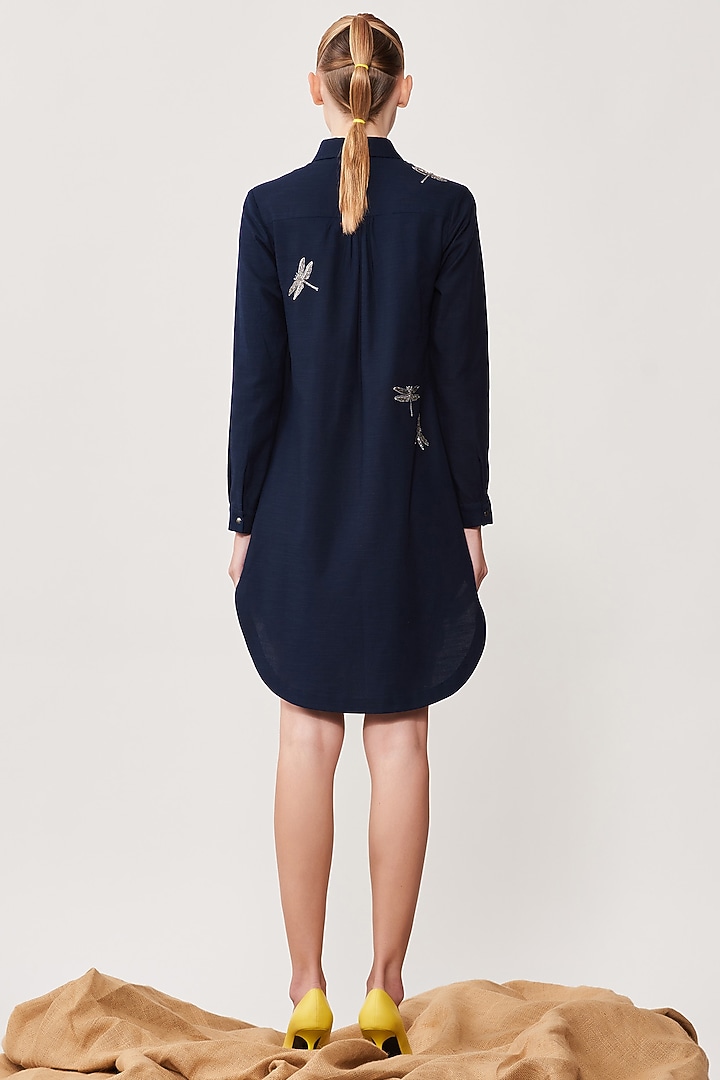 Navy Blue Slub Embroidered High-Low Shirt Vacation Dress by Shahin Mannan at Pernia's Pop Up Shop