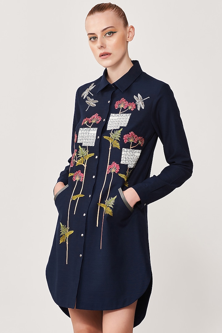 Navy Blue Slub Embroidered High-Low Shirt Vacation Dress by Shahin Mannan at Pernia's Pop Up Shop