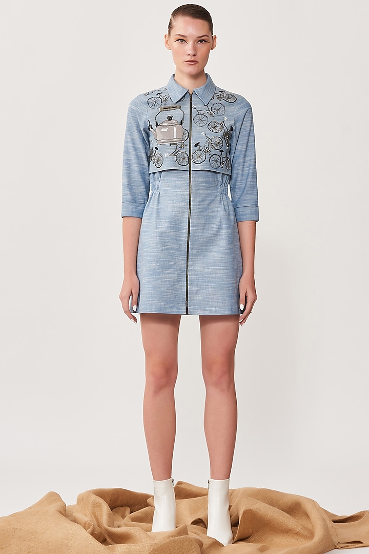 Mountain Blue Chambray Mini Cocktail Dress by Shahin Mannan at Pernia's Pop Up Shop