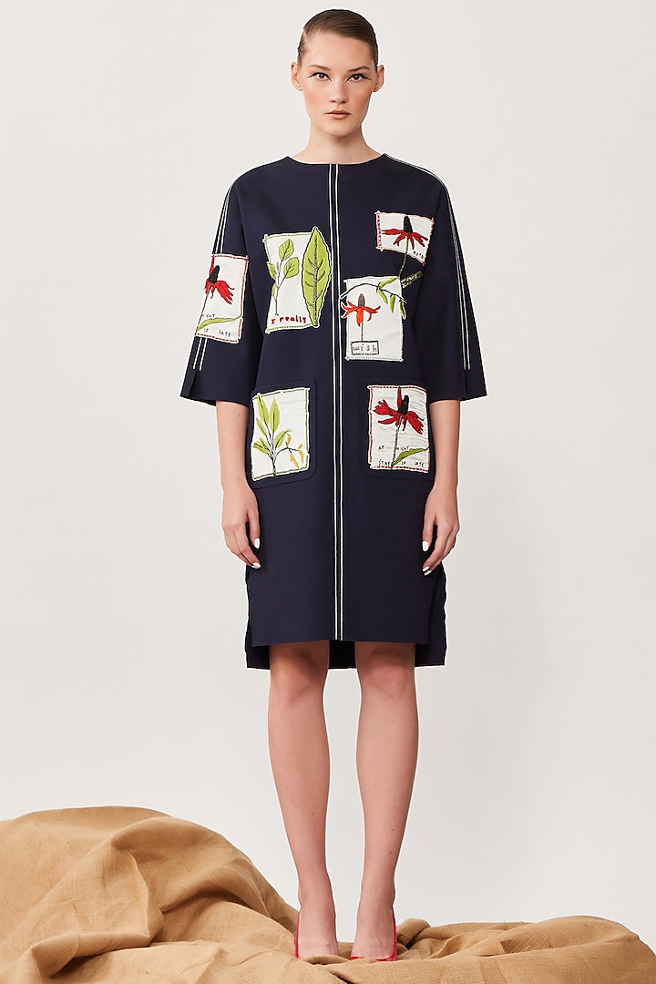 Navy Blue Jersey Dress With Patchwork by Shahin Mannan