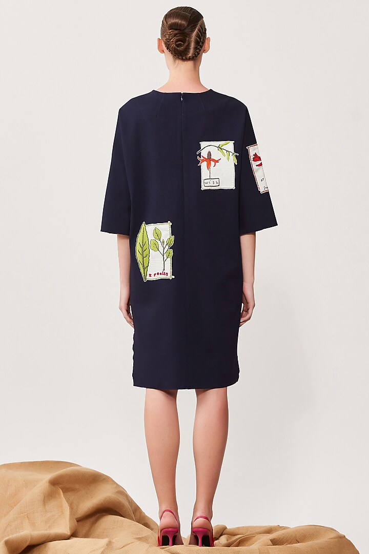 Navy Blue Jersey Cocktail Dress With Patchwork by Shahin Mannan at Pernia's Pop Up Shop